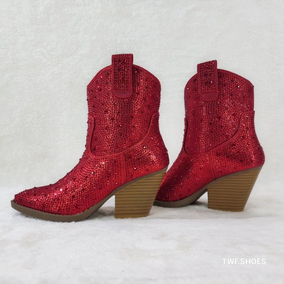 Dolly Red Rhinestone Glitter Disco Cowgirl Country Western Ankle Boots - Picture 5 of 11